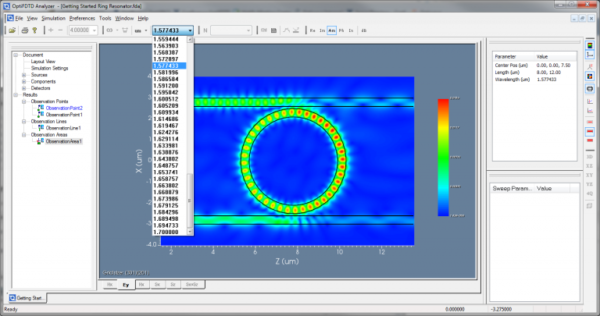 A window running OptiFDTD software on a computer.