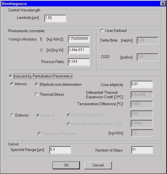 Optical Fiber - Birefringence dialog box