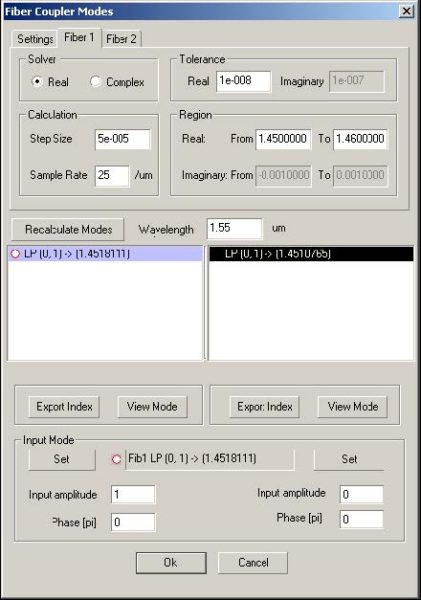 Optical Grating - Fiber Coupler modes dialog box