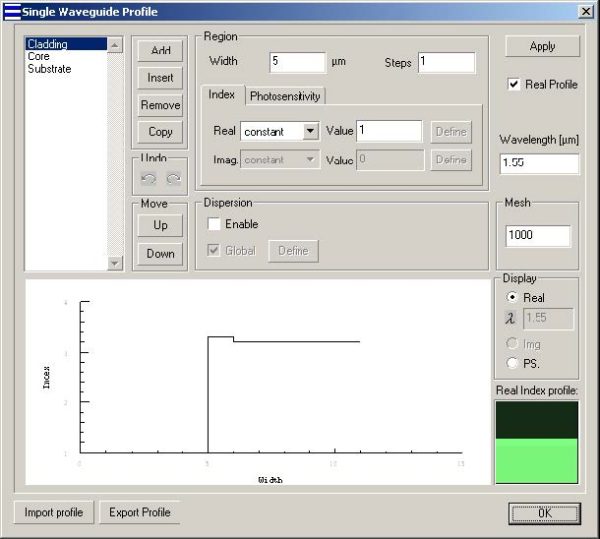 Optical Grating - Single Waveguide dialog box